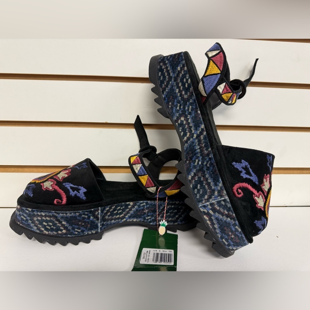 FARM Rio Black Suede Platform Sandals with Multicolor Embroidery - Picture 7 of 11